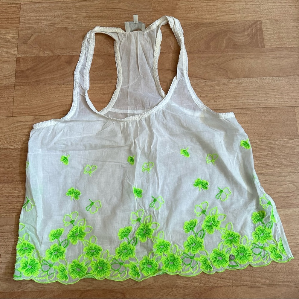 Gilly Hicks White Cotton Tank w/ Green Floral Embroidery